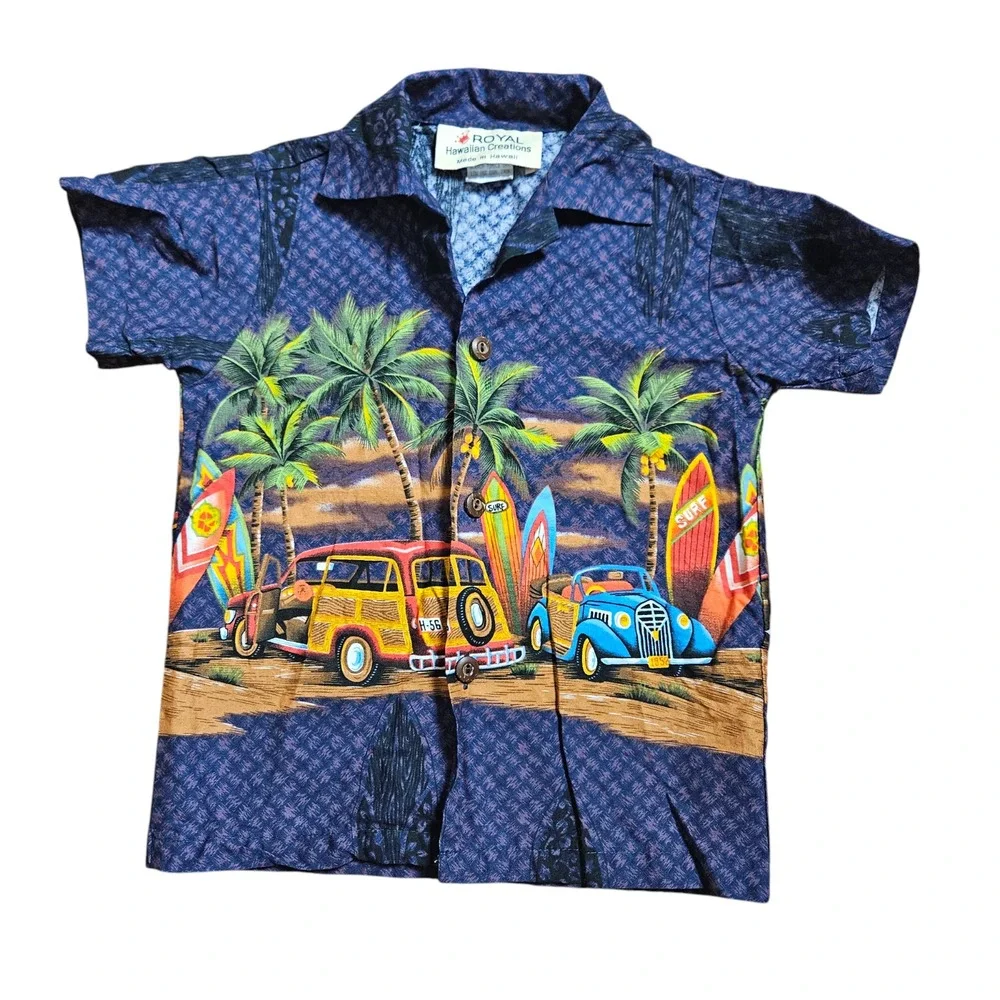 Royal Hawaiian Creations Boys‎ Button Up Shirt 2 Cars Surfboard Beach Aloha